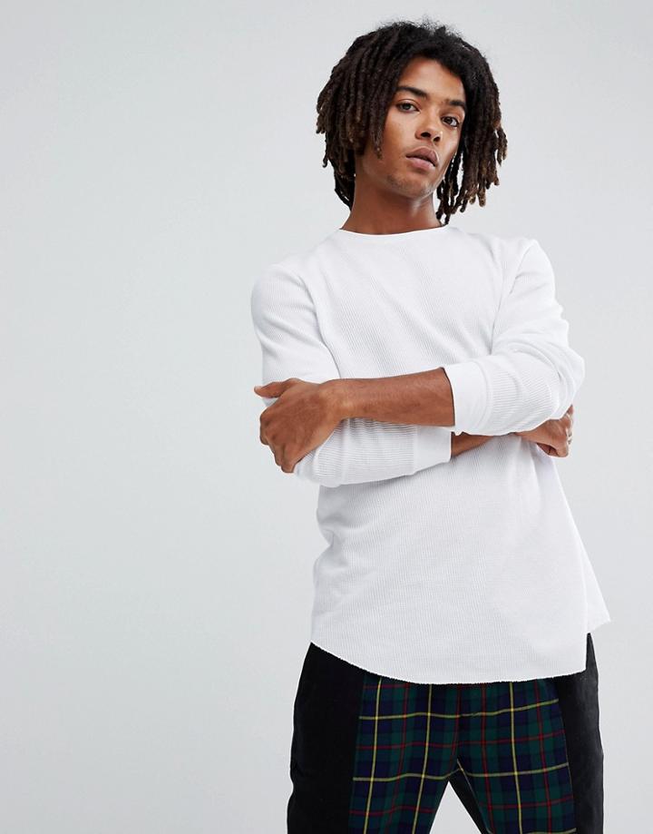 Asos Longline Long Sleeve Waffle T-shirt With Curved Hem In White - White