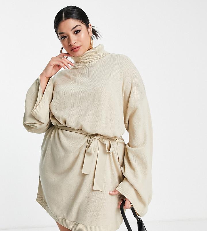 Pretty Lavish Curve Tie Waist Knit Mini Dress In Beige-neutral