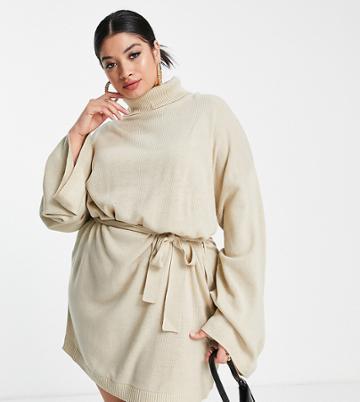 Pretty Lavish Curve Tie Waist Knit Mini Dress In Beige-neutral