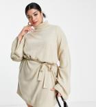 Pretty Lavish Curve Tie Waist Knit Mini Dress In Beige-neutral