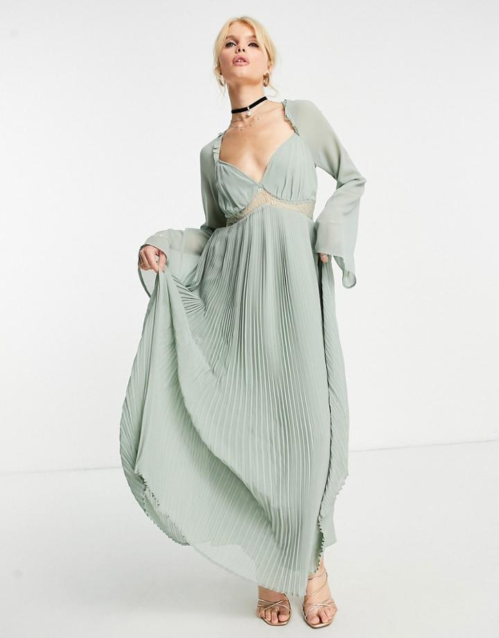 Asos Design Pleated Maxi Dress With Lace Insert Waist And Fluted Sleeves In Sage-green