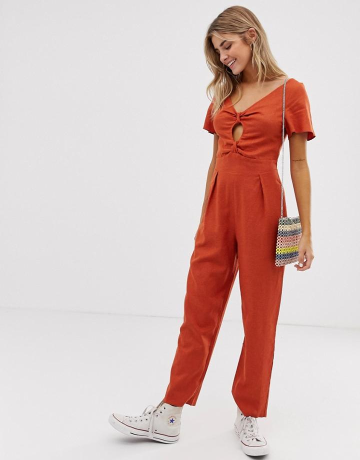 Asos Design Double Knot Linen Peg Leg Jumpsuit-pink