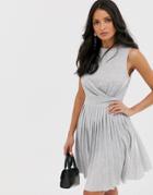 Asos Design Sleeveless Pleated Mini Dress With Twist Front - Gray