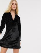 Asos Design Long Sleeve Plunge Velvet Mini Dress In Gold Stud-black