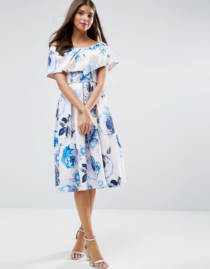 Asos Wedding Pink Base Floral Bardot Prom Midi Dress - Multi