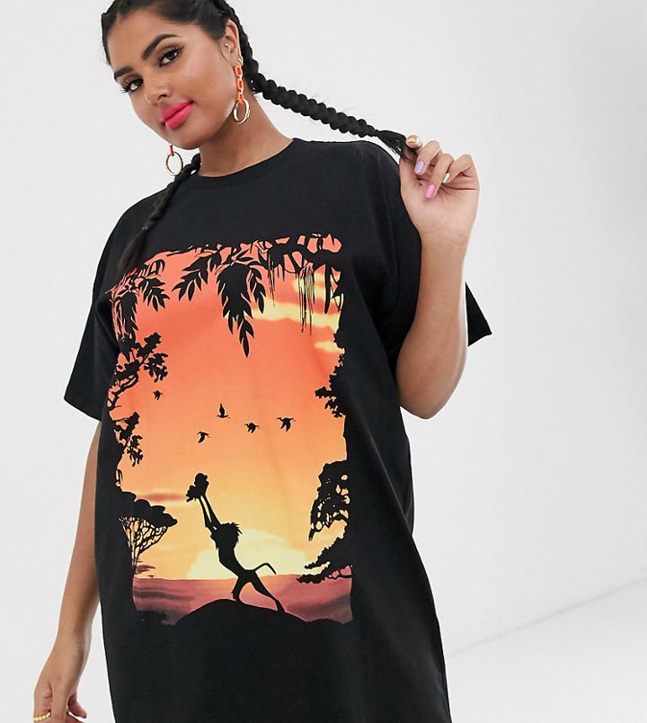 Disney The Lion King X Asos Design Curve T-shirt Dress With Iconic Sunset Print - Black