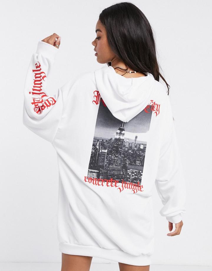 Asos Design Mini Hoodie Sweat Dress In White With Red New York Typography-black