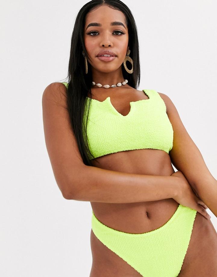 Asos Design Fuller Bust Mix And Match Crinkle Notch Front Crop Bikini Top In Acid Yellow Dd-f