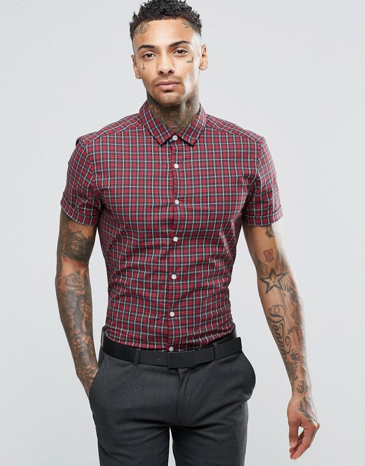 Asos Skinny Shirt In Red Plaid Check With Short Sleeves - Red