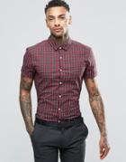 Asos Skinny Shirt In Red Plaid Check With Short Sleeves - Red