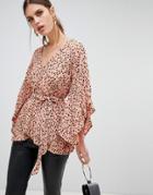 River Island Frill Sleeve Top In Animal Print-multi