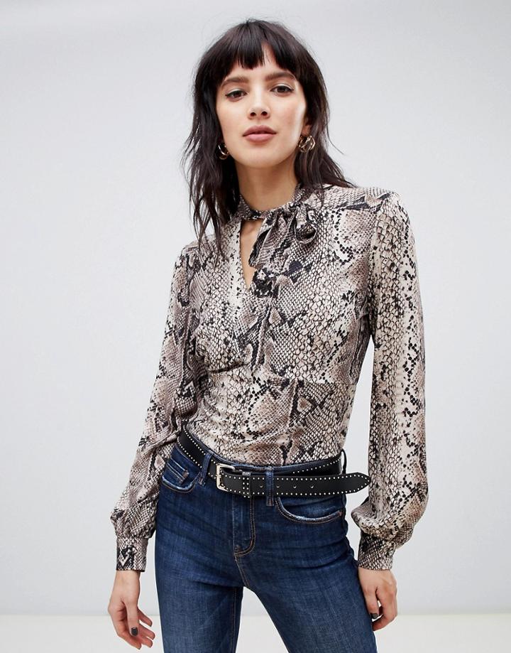 Stradivarius Bow Side Blouse In Snake Print - Multi