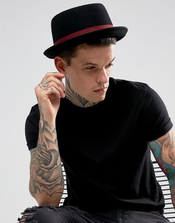 Asos Pork Pie Hat In Black With Burgundy Band Detail - Black