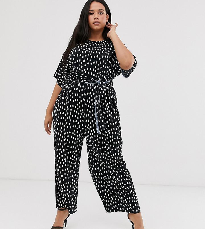 Asos Design Curve Plisse Tie Front Jumpsuit In Polka Dot-multi