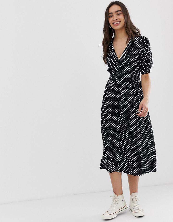 Asos Design Button Through Midi Tea Dress With Shirred Waist In Polka Dot - Multi