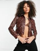 Bershka Faux Leather Snake Effect Jacket In Brown - Part Of A Set