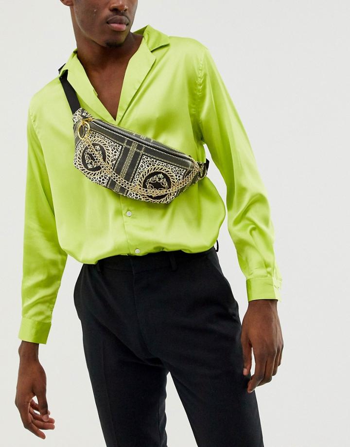 Asos Design Faux Leather Cross Body Fanny Pack With Black And Gold Baroque Print And Chain - Black