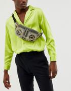 Asos Design Faux Leather Cross Body Fanny Pack With Black And Gold Baroque Print And Chain - Black