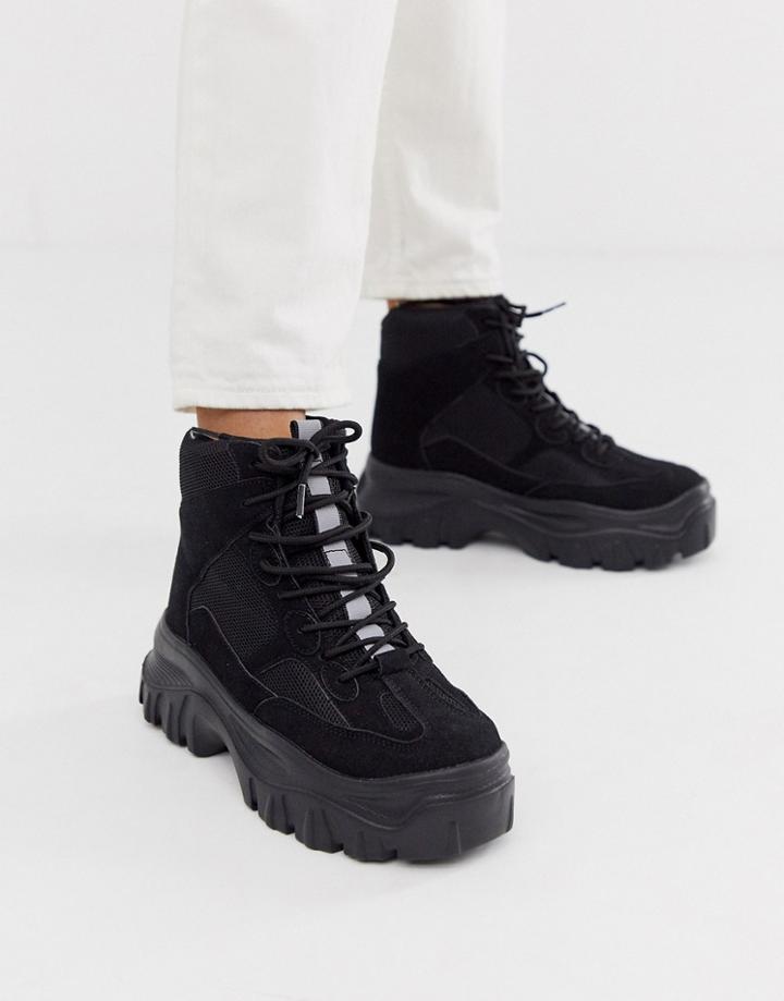 Truffle Collection Chunky Lace Up Boot In Black