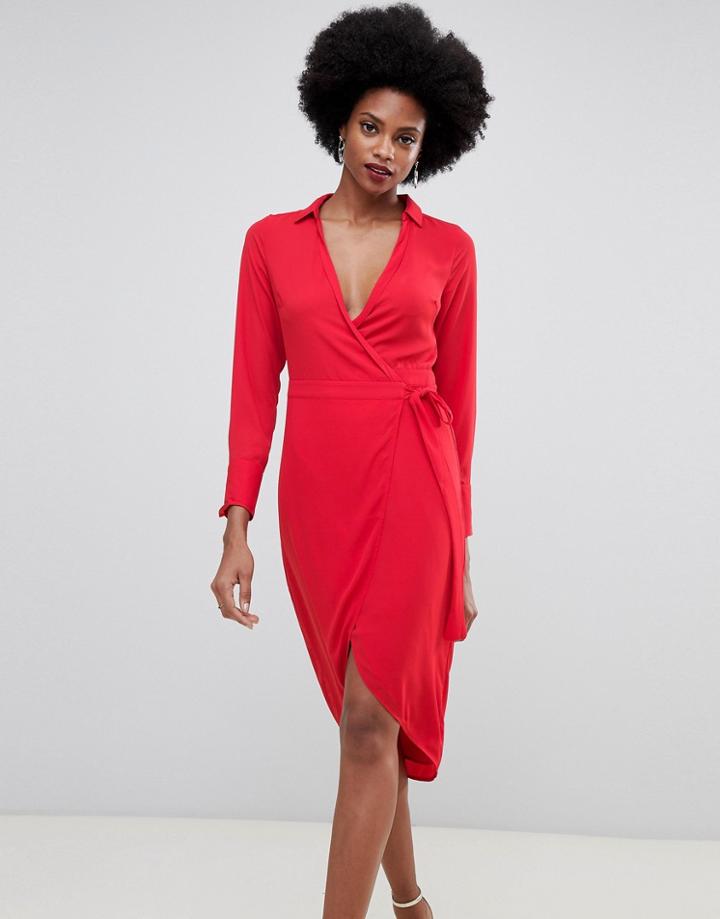 Oasis Wrap Front Midi Dress With Tie Detail In Red - Red