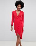Oasis Wrap Front Midi Dress With Tie Detail In Red - Red