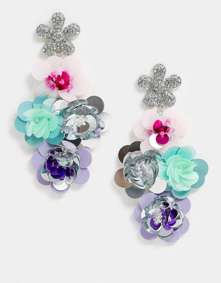 Asos Design Earrings With Crystal Floral Stud And Sequin Floral Drops-multi
