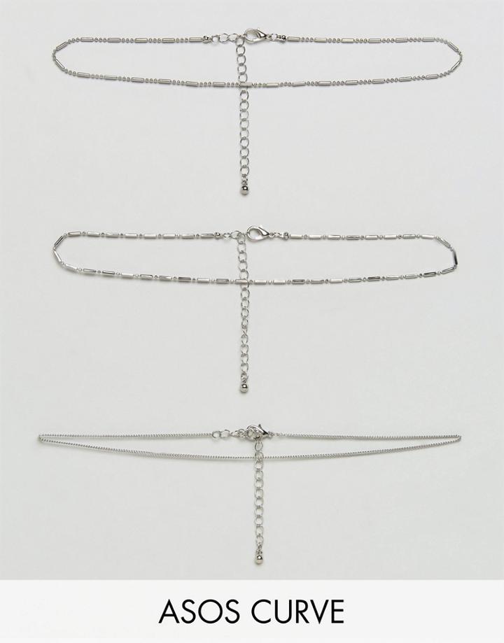 Asos Curve Pack Of 3 Chain Choker Necklaces - Silver