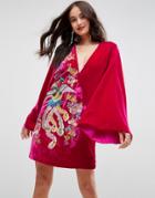 Asos Embroidered Velvet Kimono Mini Dress - Pink