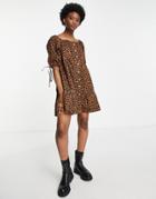 Influence Tie Puff Sleeve Button Through Dress In Leopard Print-multi