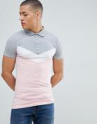 Asos Design Muscle Polo Shirt With Chevron Cut And Sew Panel In Gray - Gray