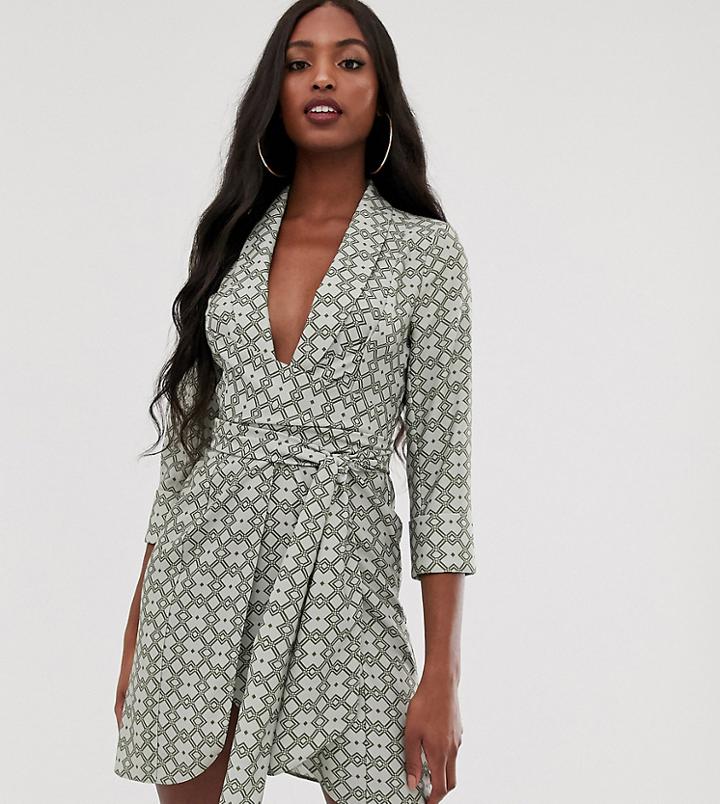 Asos Design Tall Mini Tux Dress With Ruched Sleeve In Monogram Print - Multi