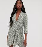 Asos Design Tall Mini Tux Dress With Ruched Sleeve In Monogram Print - Multi