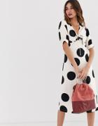 Lost Ink A Line Midi Dress With Tie Front In Polka Dot - White