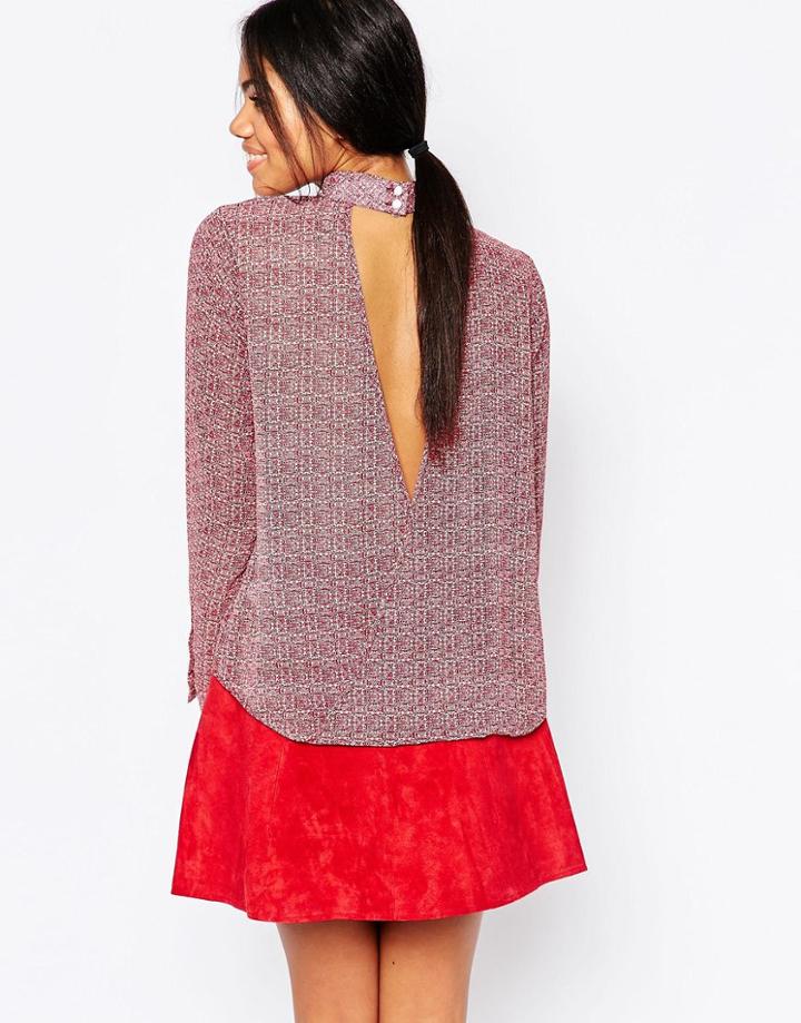Influence Geo-tribal Print High Neck Blouse With Open Back - Maroon