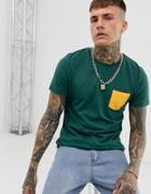 Asos Design T-shirt With Contrast Pocket In Green - Green