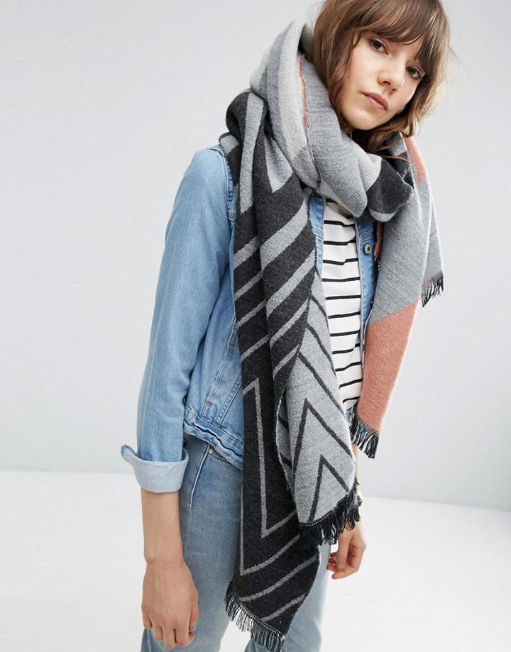 Asos Oversized Woven Long Scarf In Multi Scale Chevron - Gray