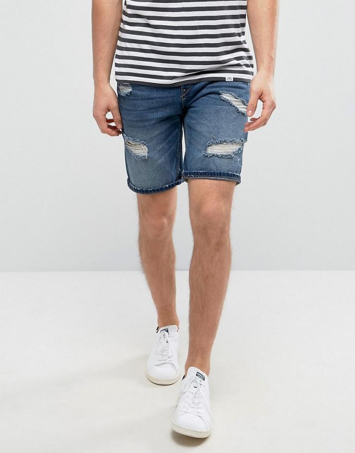 Pull & Bear Distressed Denim Short In Dark Wash - Blue