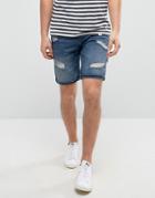 Pull & Bear Distressed Denim Short In Dark Wash - Blue