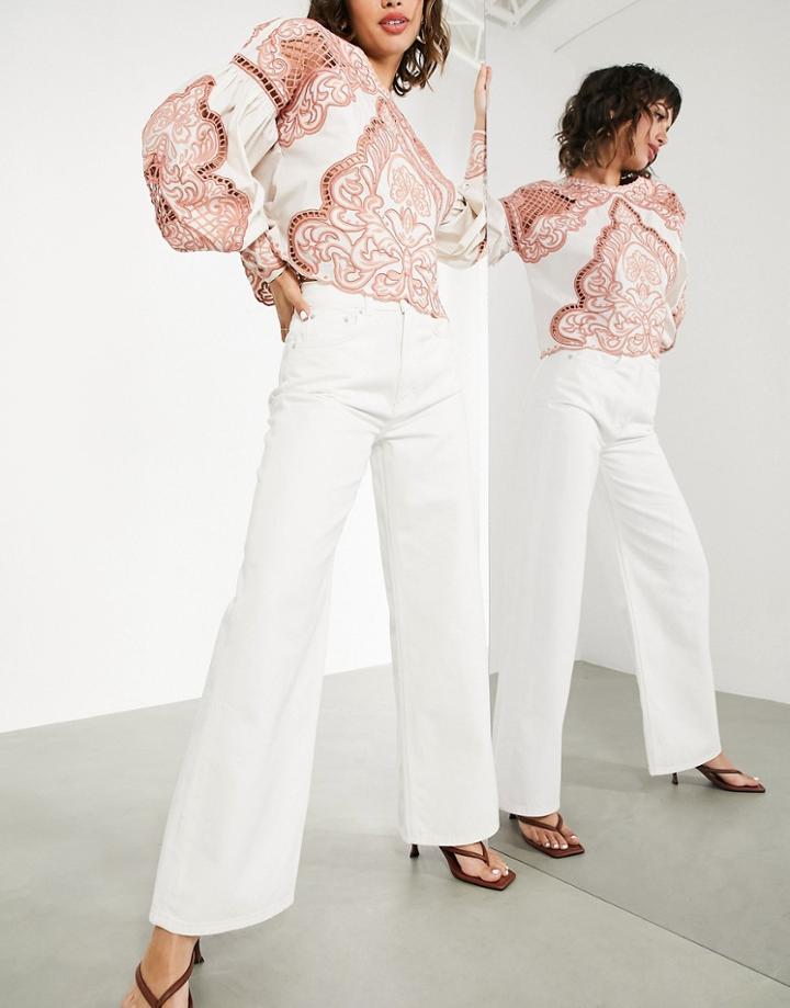 Asos Edition Cotton Blend Wide Leg Jeans In Ivory - White