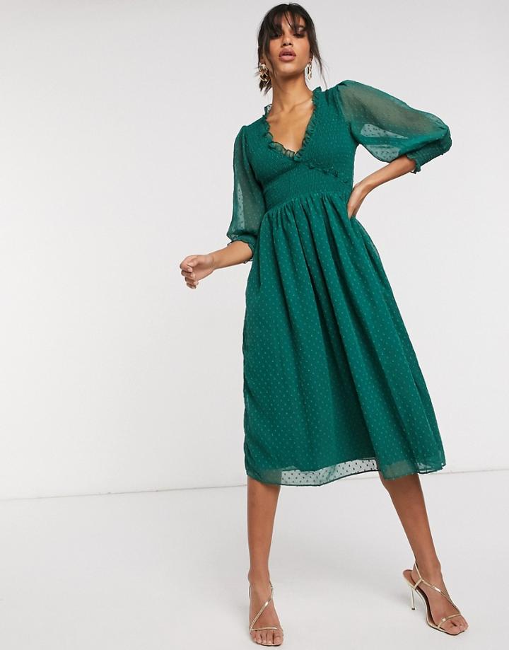 Asos Design Shirred Dobby Midi Dress In Forest Green