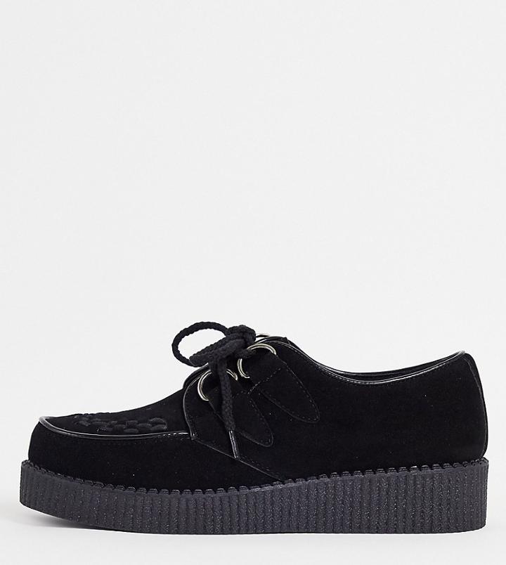 Truffle Collection Wide Fit Lace Up Creeper Shoes In Black Micro Suede