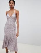 Asos Design Cami Midaxi Dress In All Over Sequin With Fluted Hem-purple