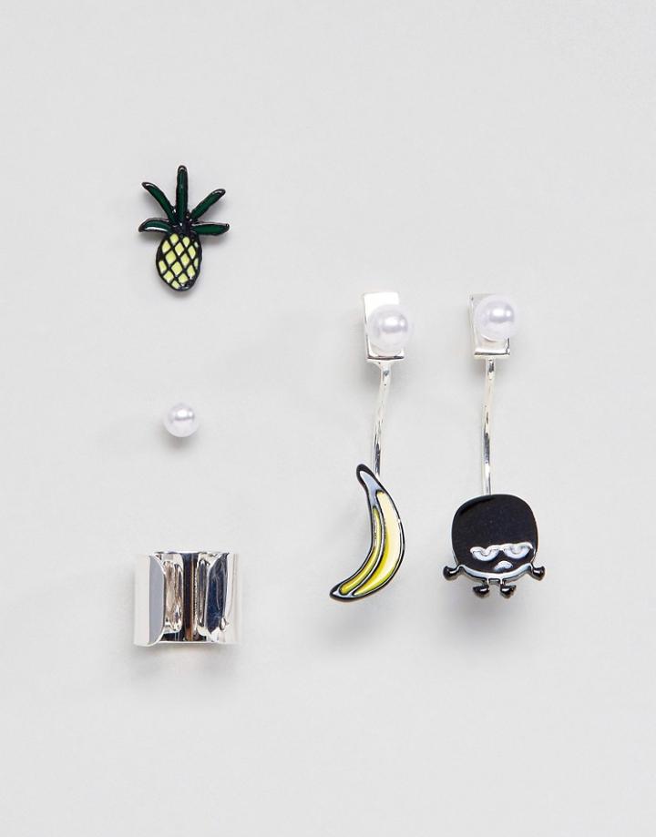 Monki Novelty 2 Pack Earrings And Ear Cuff - Silver