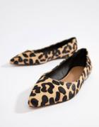 Asos Design Latch Leather Pointed Ballet Flats In Leopard Pony - Multi