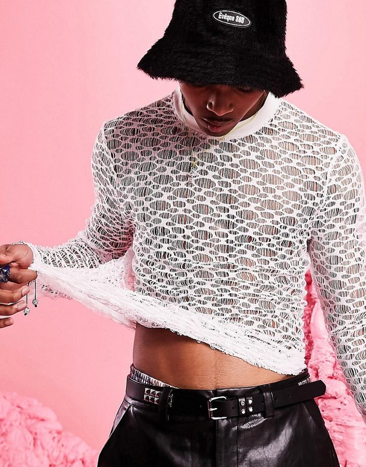 Asos Design Skinny Long Sleeve T-shirt In White Lace Mesh