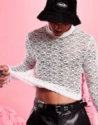 Asos Design Skinny Long Sleeve T-shirt In White Lace Mesh