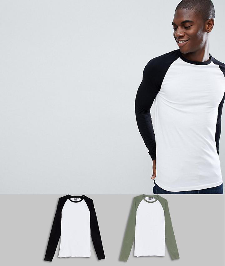 Asos Design Muscle Fit Contrast Raglan Long Sleeve T-shirt 2 Pack Save - Multi