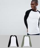 Asos Design Muscle Fit Contrast Raglan Long Sleeve T-shirt 2 Pack Save - Multi