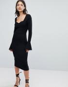 Asos Sweetheart Neck Pencil Dress With Frill Cuffs - Black