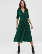 Asos Design Midi Plisse Dress In Green Animal Print With Button Detail - Multi